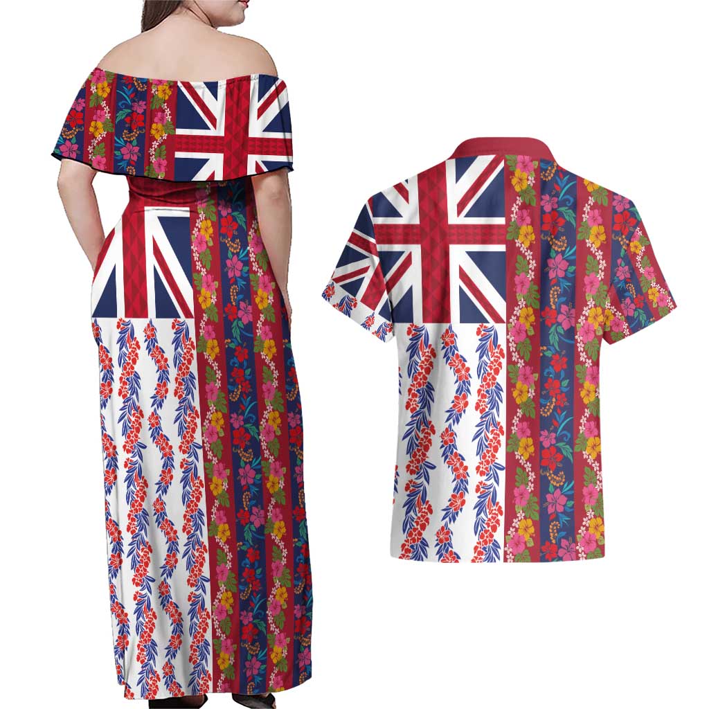 Hawaiian Lei Couples Matching Off Shoulder Maxi Dress and Hawaiian Shirt National Flag Striped Style LT03 - Polynesian Pride