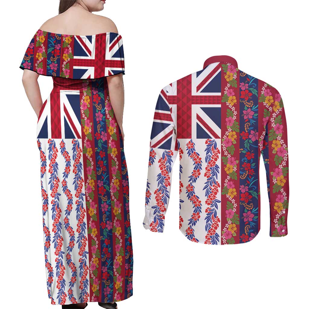 Hawaiian Lei Couples Matching Off Shoulder Maxi Dress and Long Sleeve Button Shirt National Flag Striped Style LT03 - Polynesian Pride