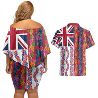 Hawaiian Lei Couples Matching Off Shoulder Short Dress and Hawaiian Shirt National Flag Striped Style LT03 - Polynesian Pride