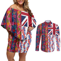 Hawaiian Lei Couples Matching Off Shoulder Short Dress and Long Sleeve Button Shirt National Flag Striped Style LT03 Red - Polynesian Pride