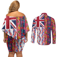 Hawaiian Lei Couples Matching Off Shoulder Short Dress and Long Sleeve Button Shirt National Flag Striped Style LT03 - Polynesian Pride