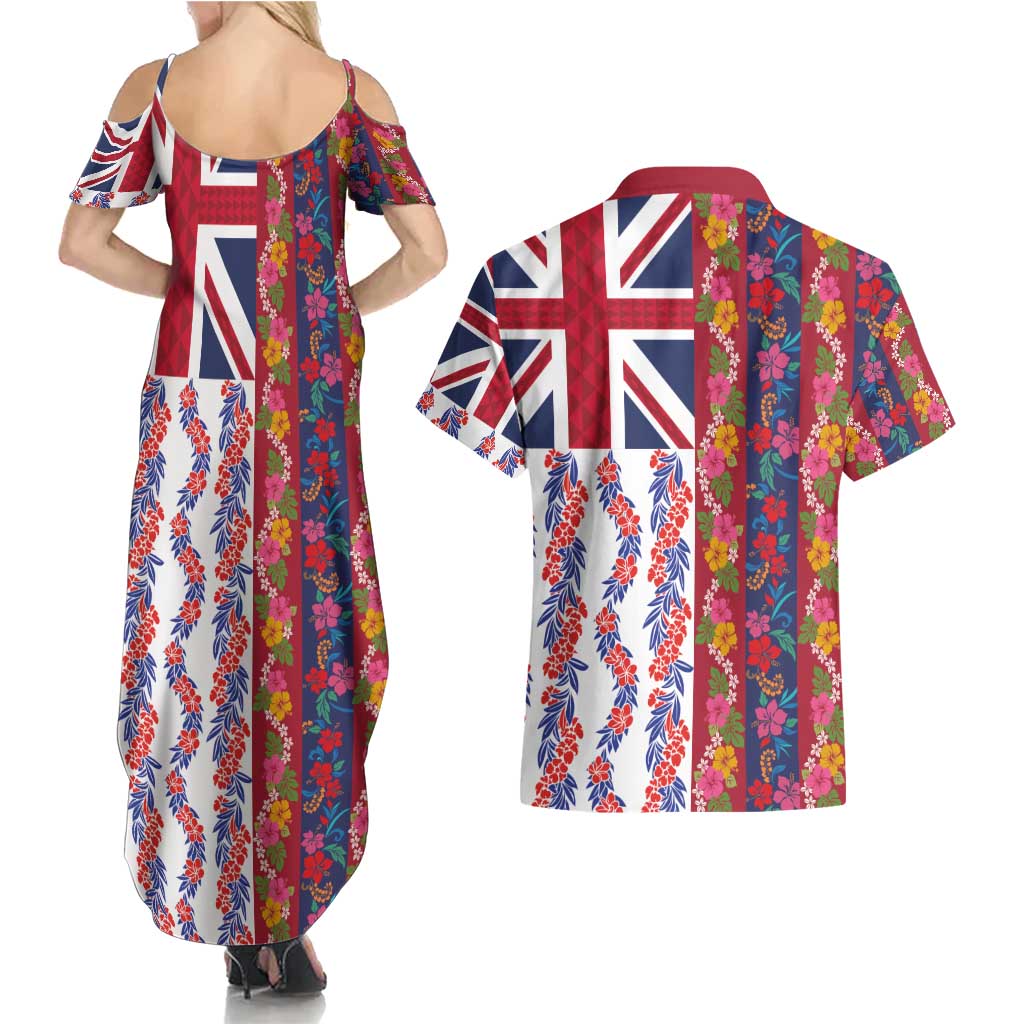 Hawaiian Lei Couples Matching Summer Maxi Dress and Hawaiian Shirt National Flag Striped Style LT03 - Polynesian Pride