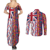 Hawaiian Lei Couples Matching Summer Maxi Dress and Long Sleeve Button Shirt National Flag Striped Style LT03 - Polynesian Pride