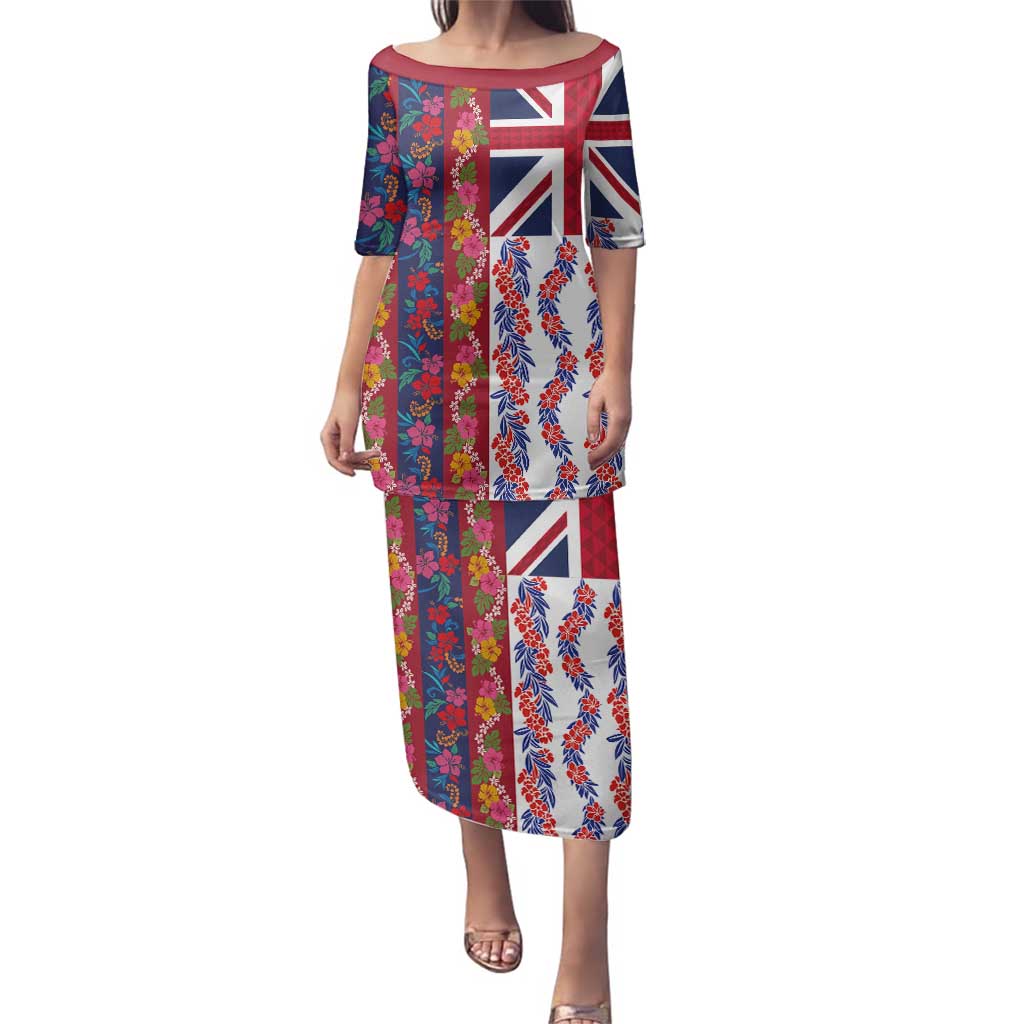 Hawaiian Lei Family Matching Puletasi and Hawaiian Shirt National Flag Striped Style