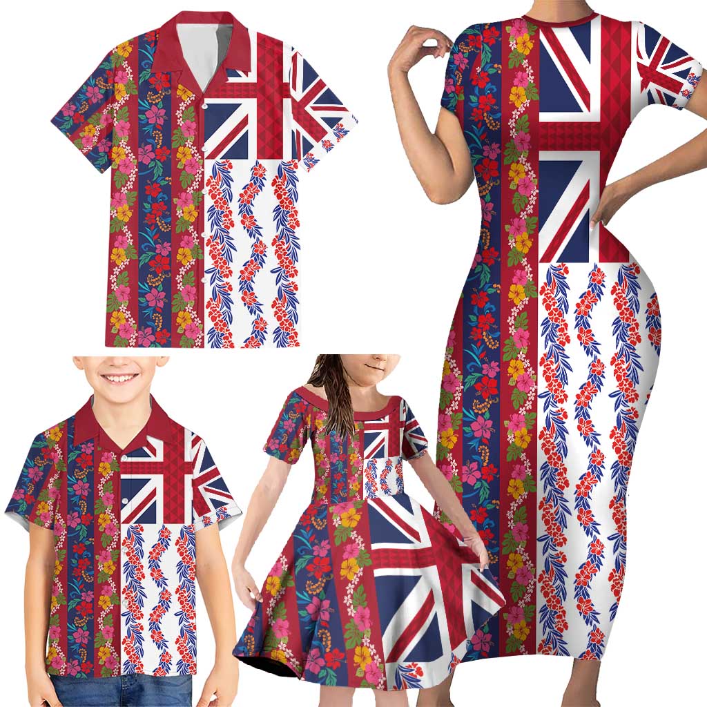 Hawaiian Lei Family Matching Short Sleeve Bodycon Dress and Hawaiian Shirt National Flag Striped Style