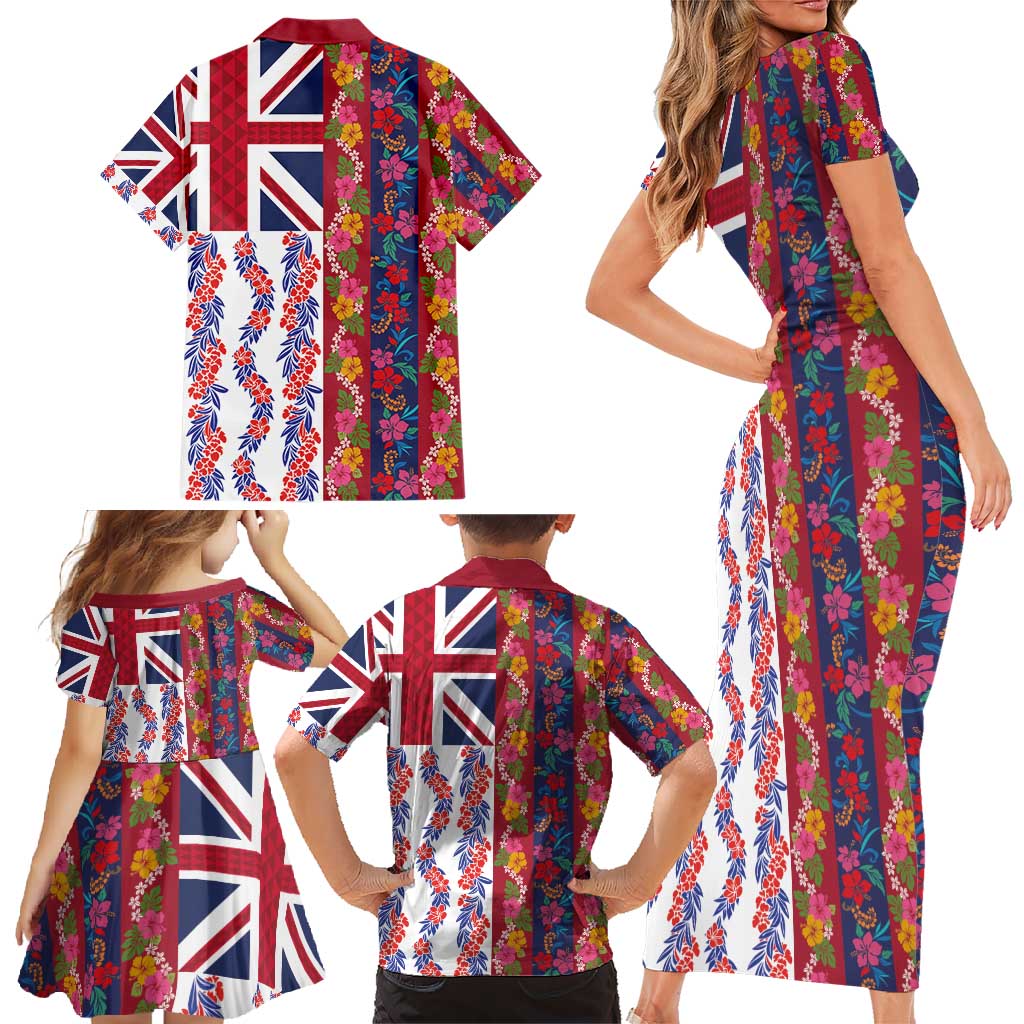 Hawaiian Lei Family Matching Short Sleeve Bodycon Dress and Hawaiian Shirt National Flag Striped Style