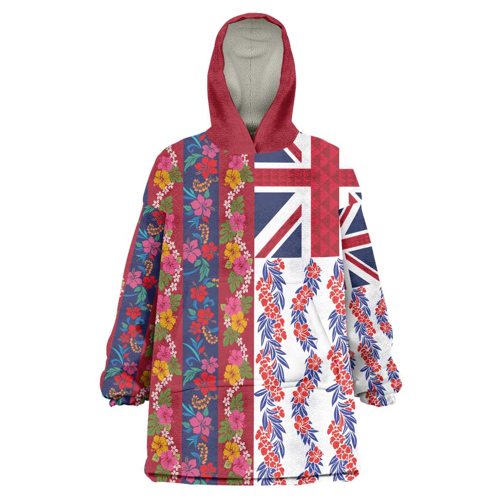 Hawaiian Lei Wearable Blanket Hoodie National Flag Striped Style LT03 One Size Red - Polynesian Pride