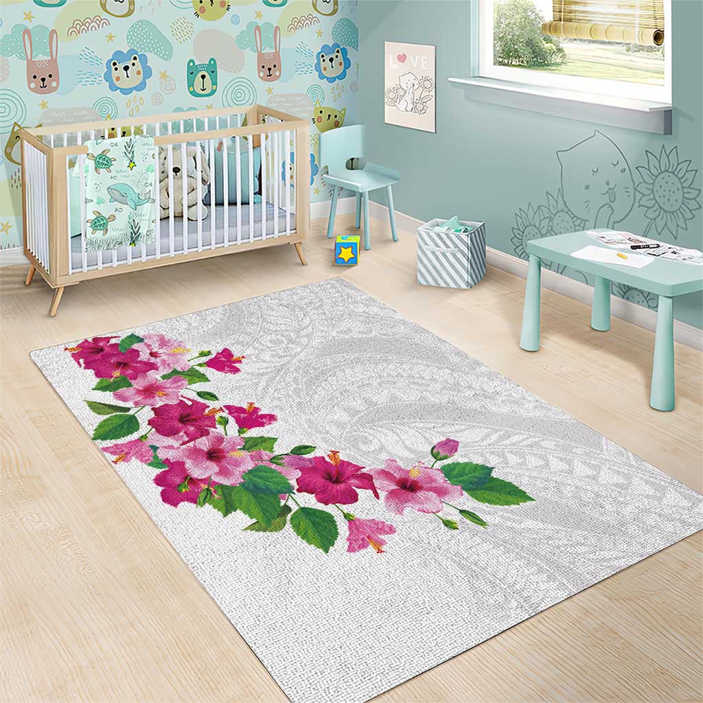 Hawaiian Hibiscus and Art Polynesian Tattoo Area Rug White Color