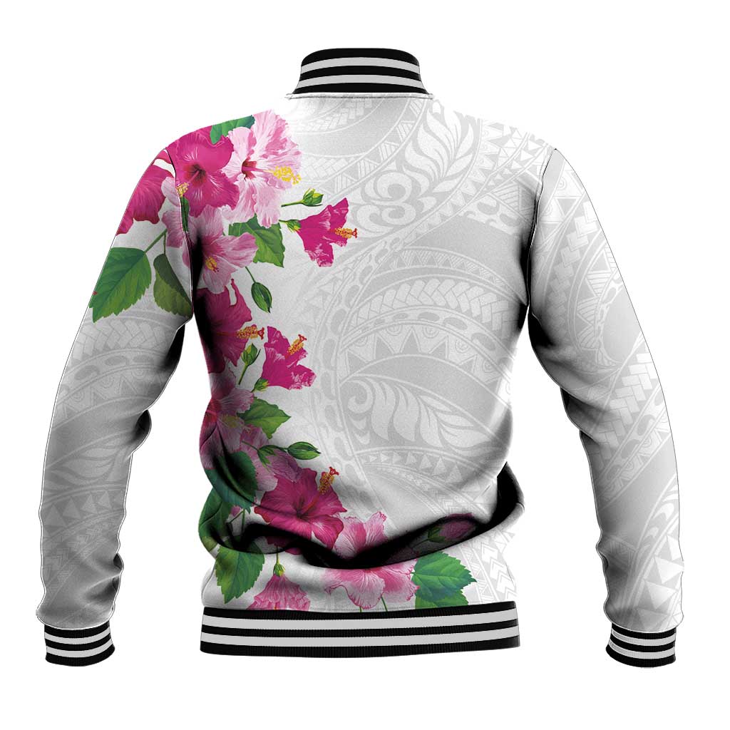 Hawaiian Hibiscus and Art Polynesian Tattoo Baseball Jacket White Color