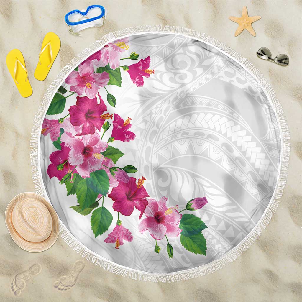 Hawaiian Hibiscus and Art Polynesian Tattoo Beach Blanket White Color LT03 One Size 150cm White - Polynesian Pride