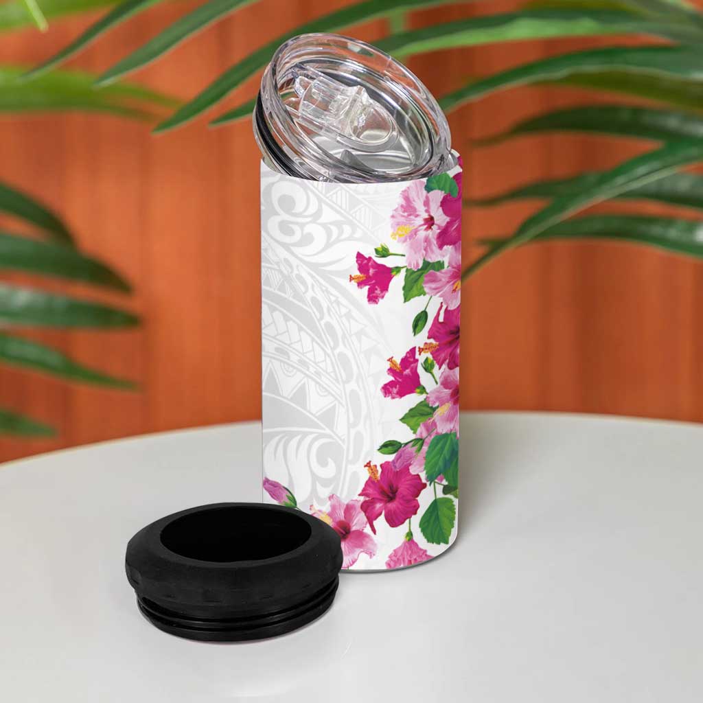 Hawaiian Hibiscus and Art Polynesian Tattoo 4 in 1 Can Cooler Tumbler White Color