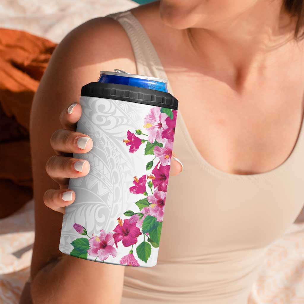 Hawaiian Hibiscus and Art Polynesian Tattoo 4 in 1 Can Cooler Tumbler White Color