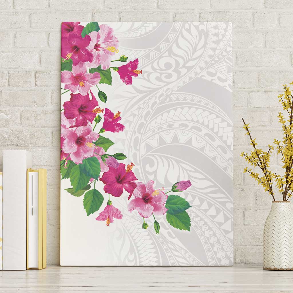 Hawaiian Hibiscus and Art Polynesian Tattoo Canvas Wall Art White Color