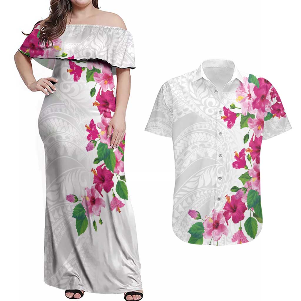 Hawaiian Hibiscus and Art Polynesian Tattoo Couples Matching Off Shoulder Maxi Dress and Hawaiian Shirt White Color LT03 White - Polynesian Pride