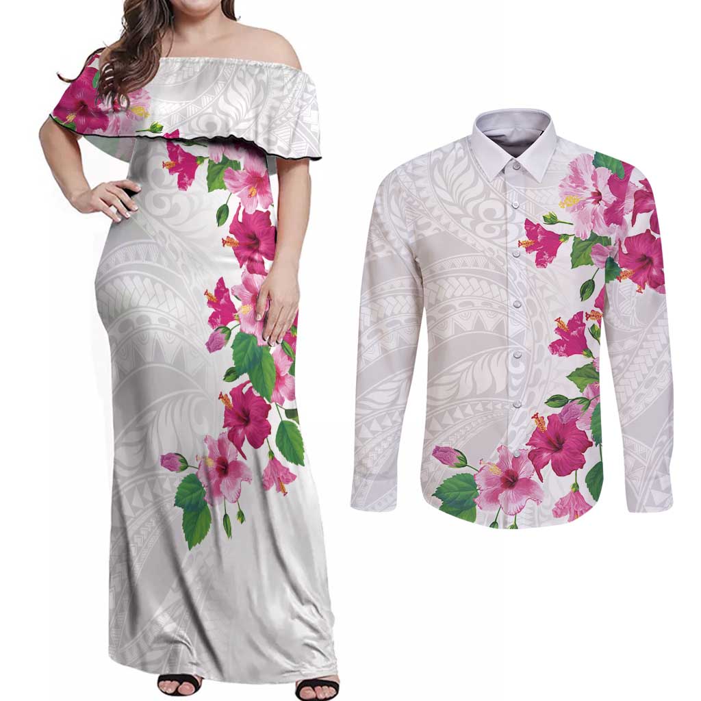 Hawaiian Hibiscus and Art Polynesian Tattoo Couples Matching Off Shoulder Maxi Dress and Long Sleeve Button Shirt White Color LT03 White - Polynesian Pride