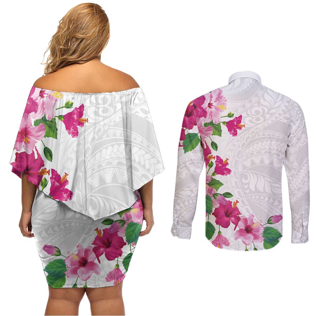 Hawaiian Hibiscus and Art Polynesian Tattoo Couples Matching Off Shoulder Short Dress and Long Sleeve Button Shirt White Color LT03 - Polynesian Pride