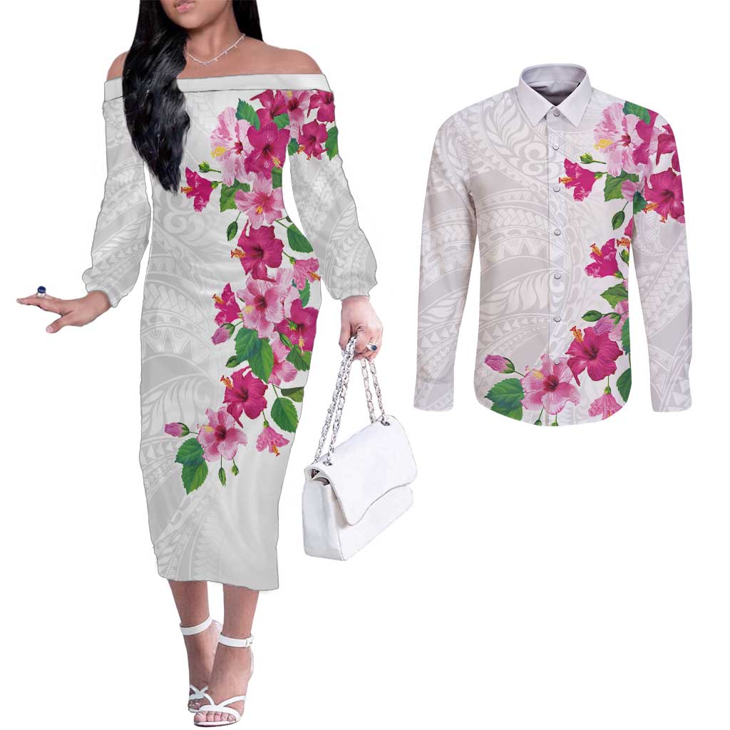 Hawaiian Hibiscus and Art Polynesian Tattoo Couples Matching Off The Shoulder Long Sleeve Dress and Long Sleeve Button Shirt White Color LT03 White - Polynesian Pride