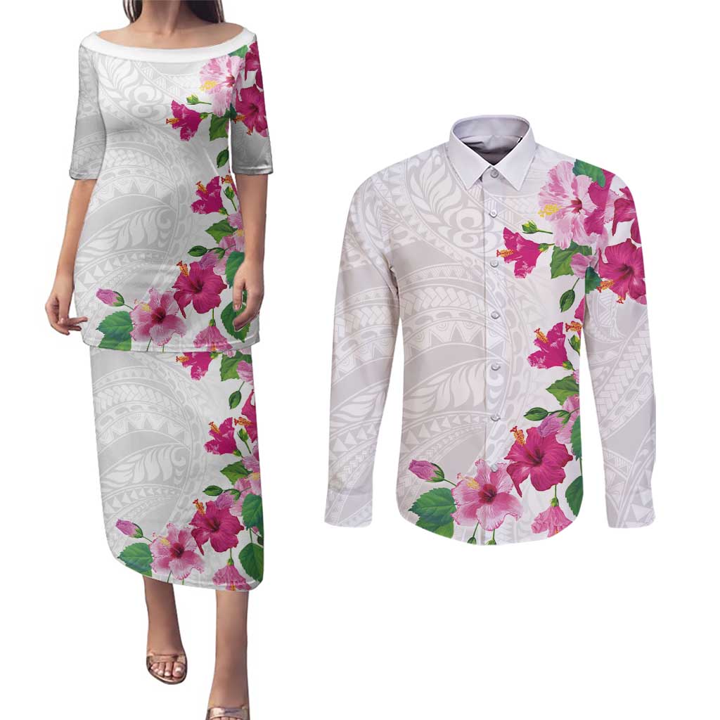 Hawaiian Hibiscus and Art Polynesian Tattoo Couples Matching Puletasi and Long Sleeve Button Shirt White Color LT03 White - Polynesian Pride