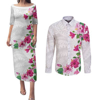 Hawaiian Hibiscus and Art Polynesian Tattoo Couples Matching Puletasi and Long Sleeve Button Shirt White Color LT03 White - Polynesian Pride