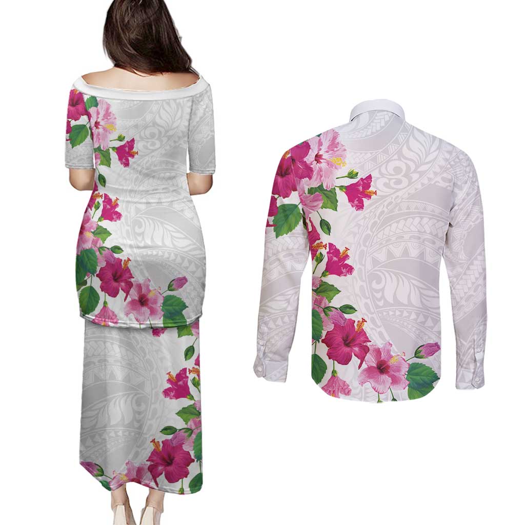 Hawaiian Hibiscus and Art Polynesian Tattoo Couples Matching Puletasi and Long Sleeve Button Shirt White Color LT03 - Polynesian Pride