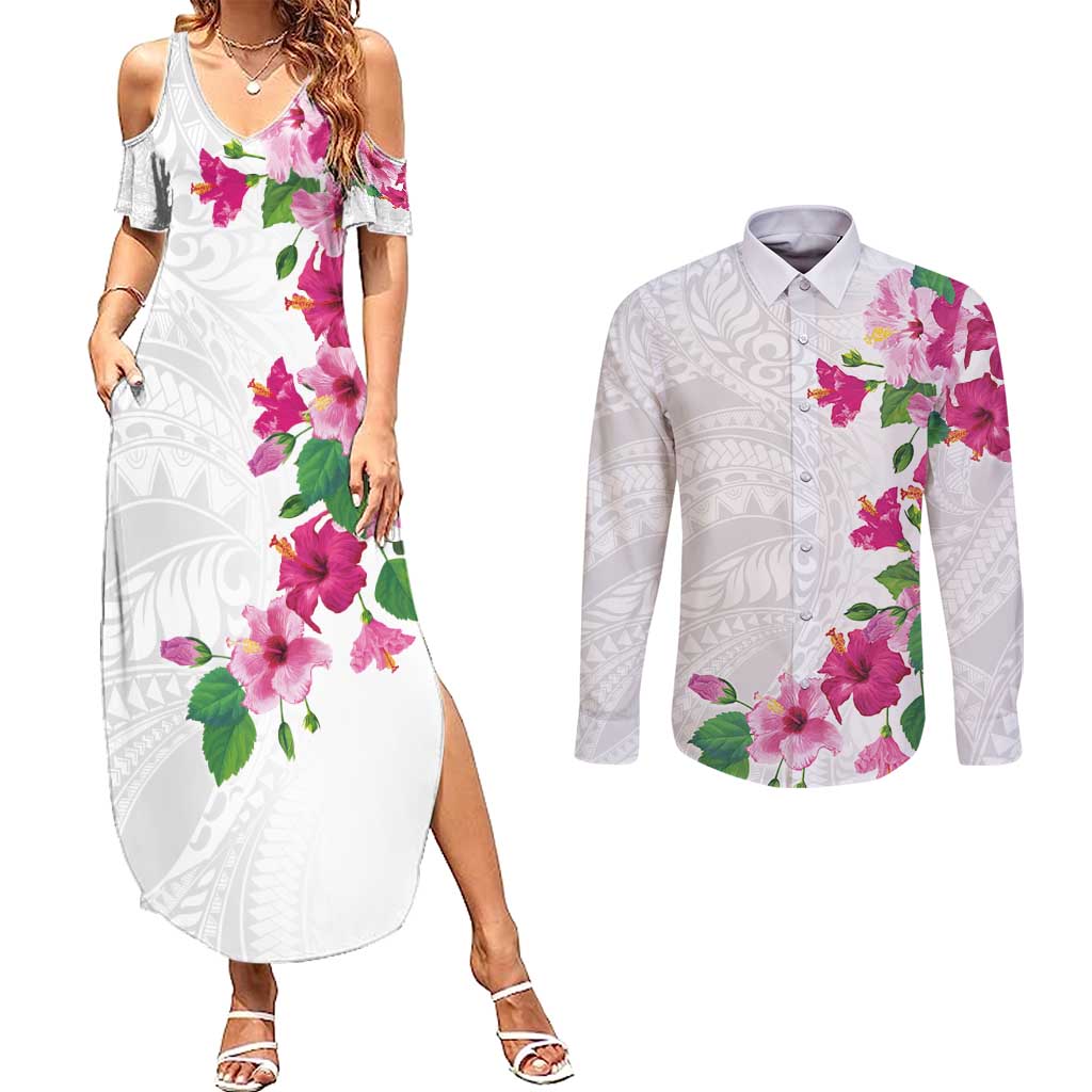 Hawaiian Hibiscus and Art Polynesian Tattoo Couples Matching Summer Maxi Dress and Long Sleeve Button Shirt White Color LT03 White - Polynesian Pride