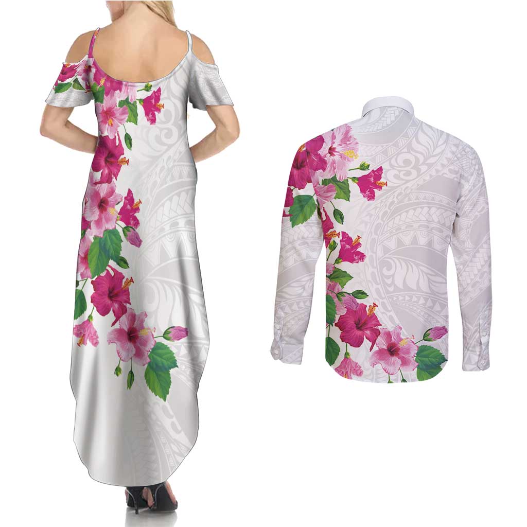 Hawaiian Hibiscus and Art Polynesian Tattoo Couples Matching Summer Maxi Dress and Long Sleeve Button Shirt White Color LT03 - Polynesian Pride