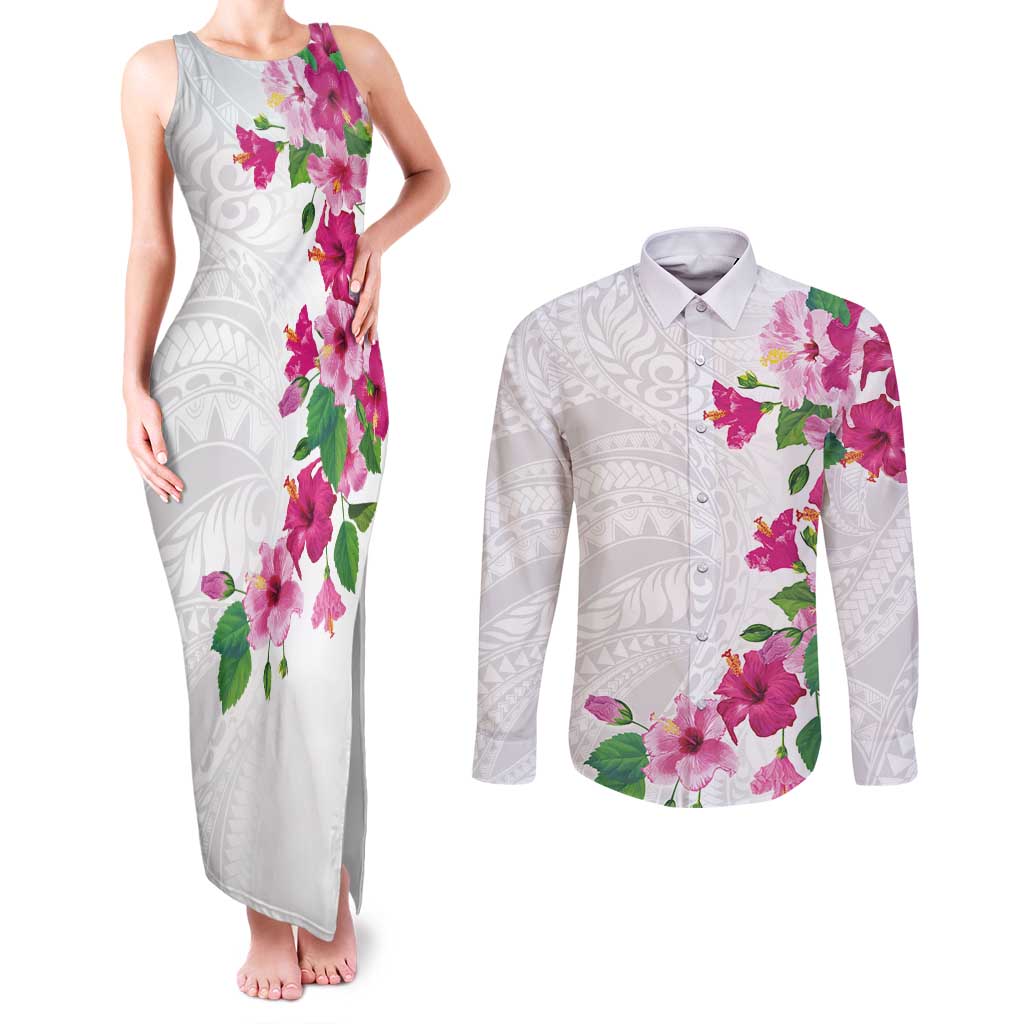 Hawaiian Hibiscus and Art Polynesian Tattoo Couples Matching Tank Maxi Dress and Long Sleeve Button Shirt White Color LT03 White - Polynesian Pride