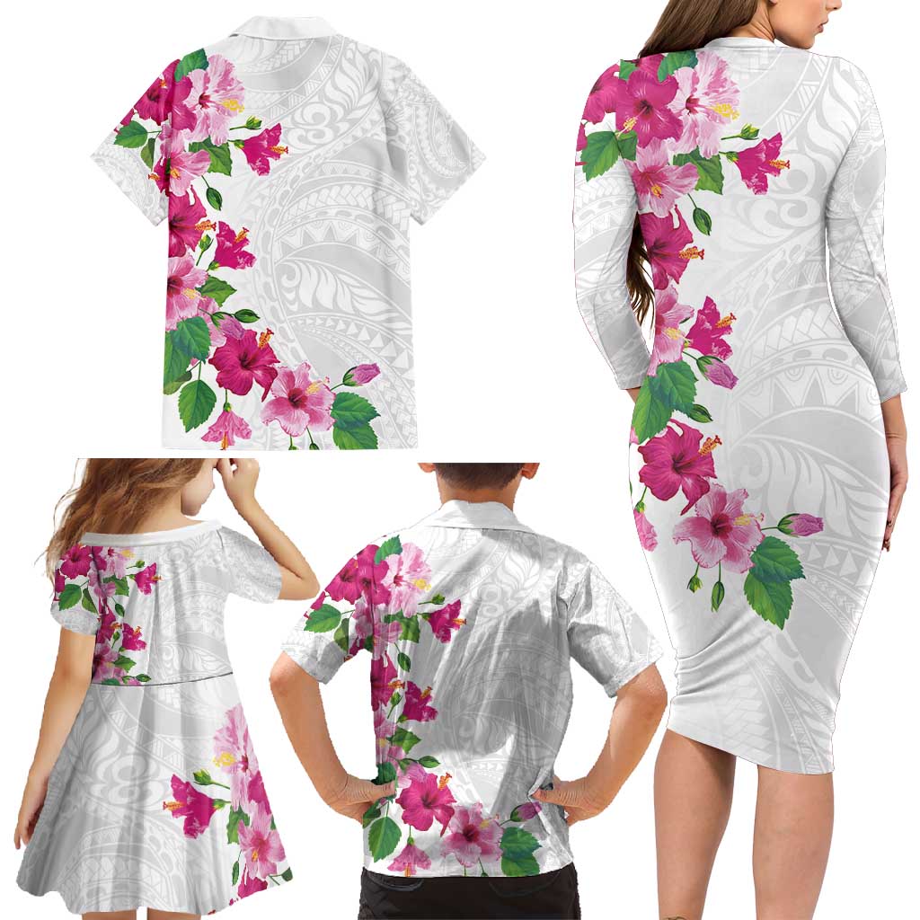 Hawaiian Hibiscus and Art Polynesian Tattoo Family Matching Long Sleeve Bodycon Dress and Hawaiian Shirt White Color