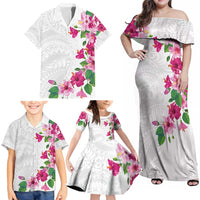 Hawaiian Hibiscus and Art Polynesian Tattoo Family Matching Off Shoulder Maxi Dress and Hawaiian Shirt White Color