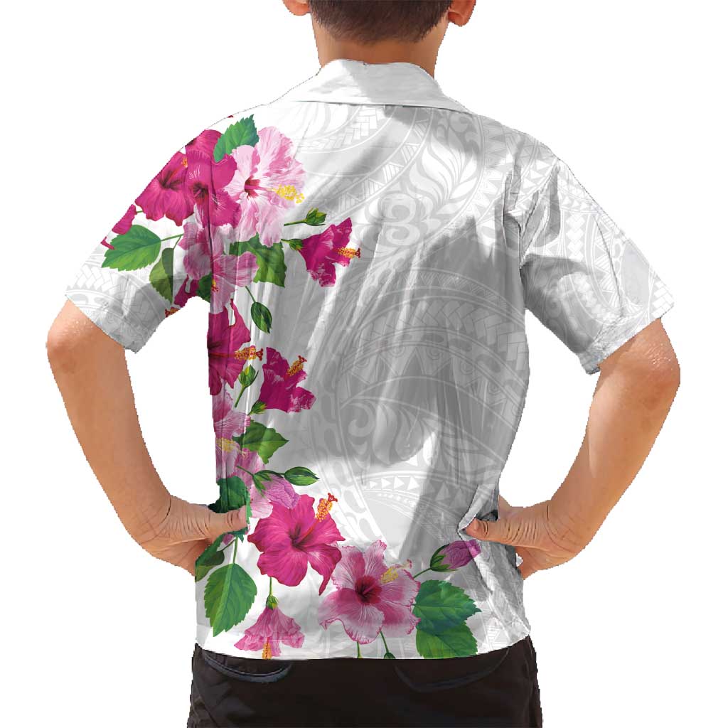 Hawaiian Hibiscus and Art Polynesian Tattoo Family Matching Off Shoulder Short Dress and Hawaiian Shirt White Color