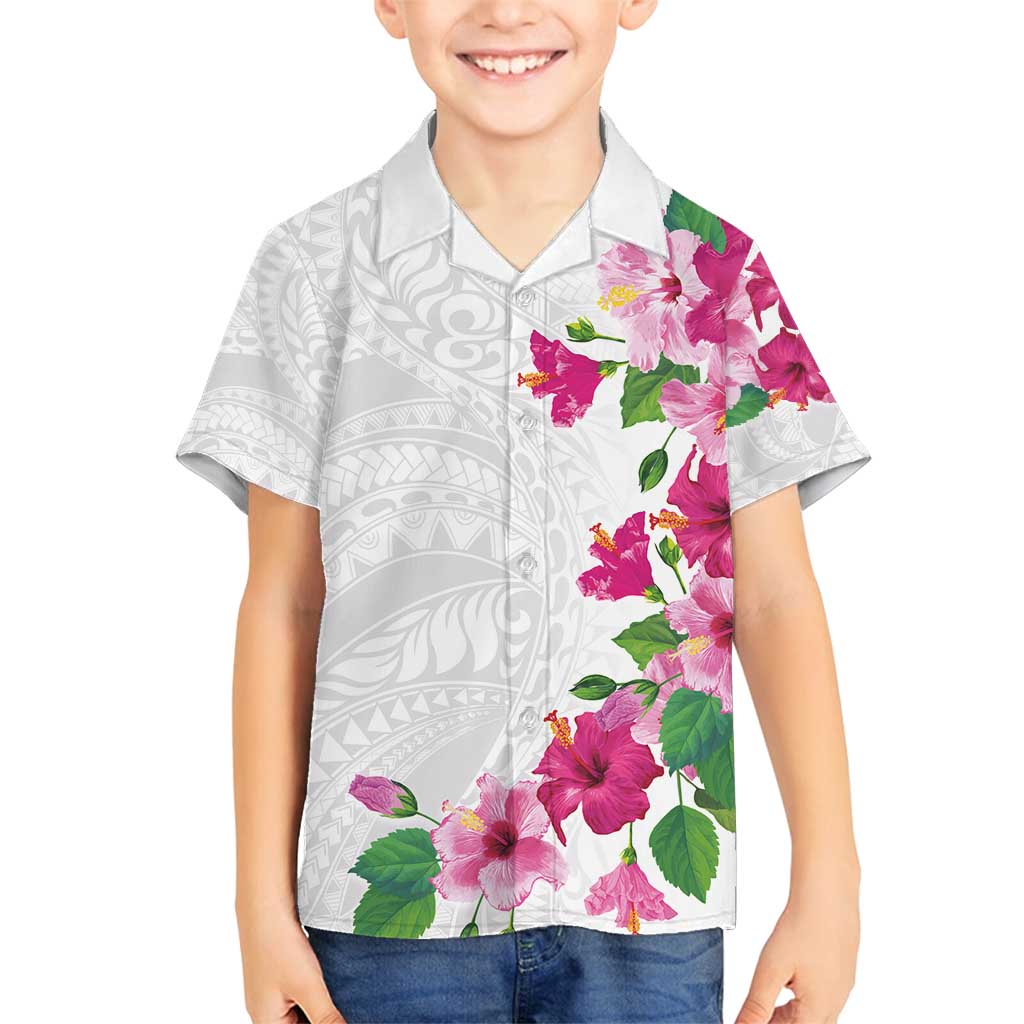 Hawaiian Hibiscus and Art Polynesian Tattoo Family Matching Puletasi and Hawaiian Shirt White Color