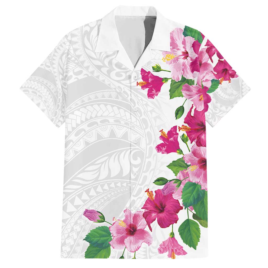 Hawaiian Hibiscus and Art Polynesian Tattoo Family Matching Short Sleeve Bodycon Dress and Hawaiian Shirt White Color
