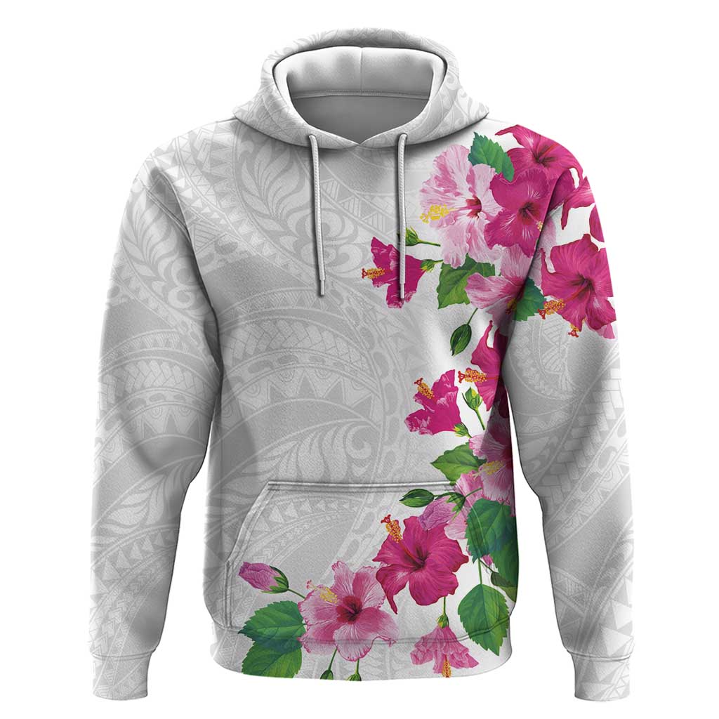 Hawaiian Hibiscus and Art Polynesian Tattoo Hoodie White Color