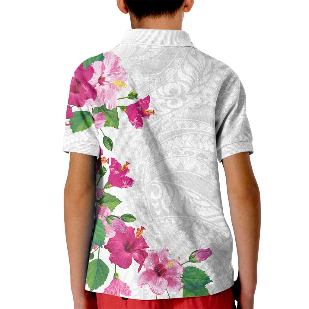 Hawaiian Hibiscus and Art Polynesian Tattoo Kid Polo Shirt White Color