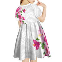 Hawaiian Hibiscus and Art Polynesian Tattoo Kid Short Sleeve Dress White Color