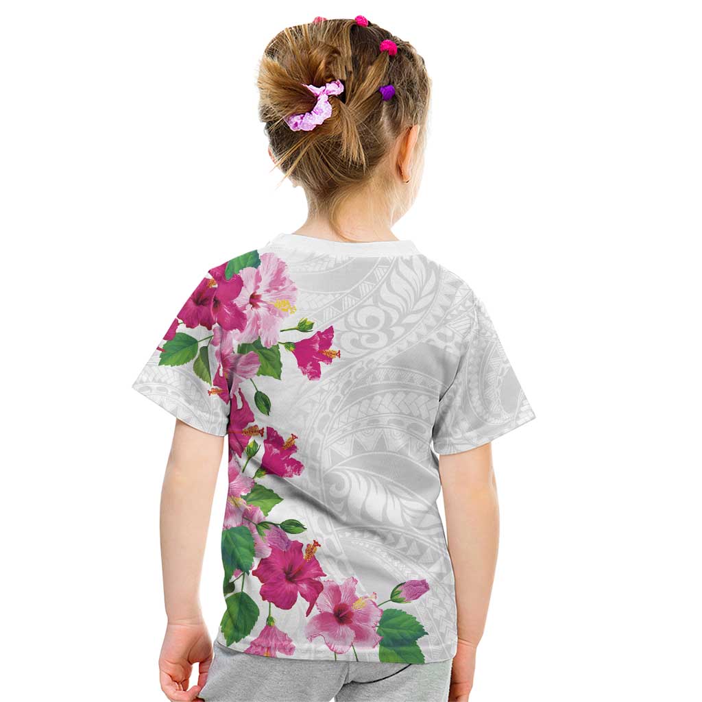 Hawaiian Hibiscus and Art Polynesian Tattoo Kid T Shirt White Color