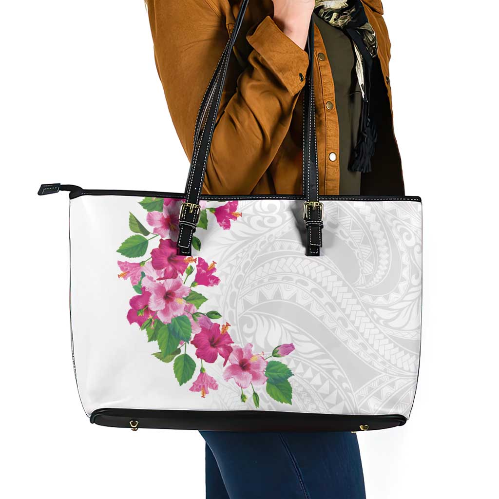 Hawaiian Hibiscus and Art Polynesian Tattoo Leather Tote Bag White Color