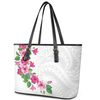 Hawaiian Hibiscus and Art Polynesian Tattoo Leather Tote Bag White Color