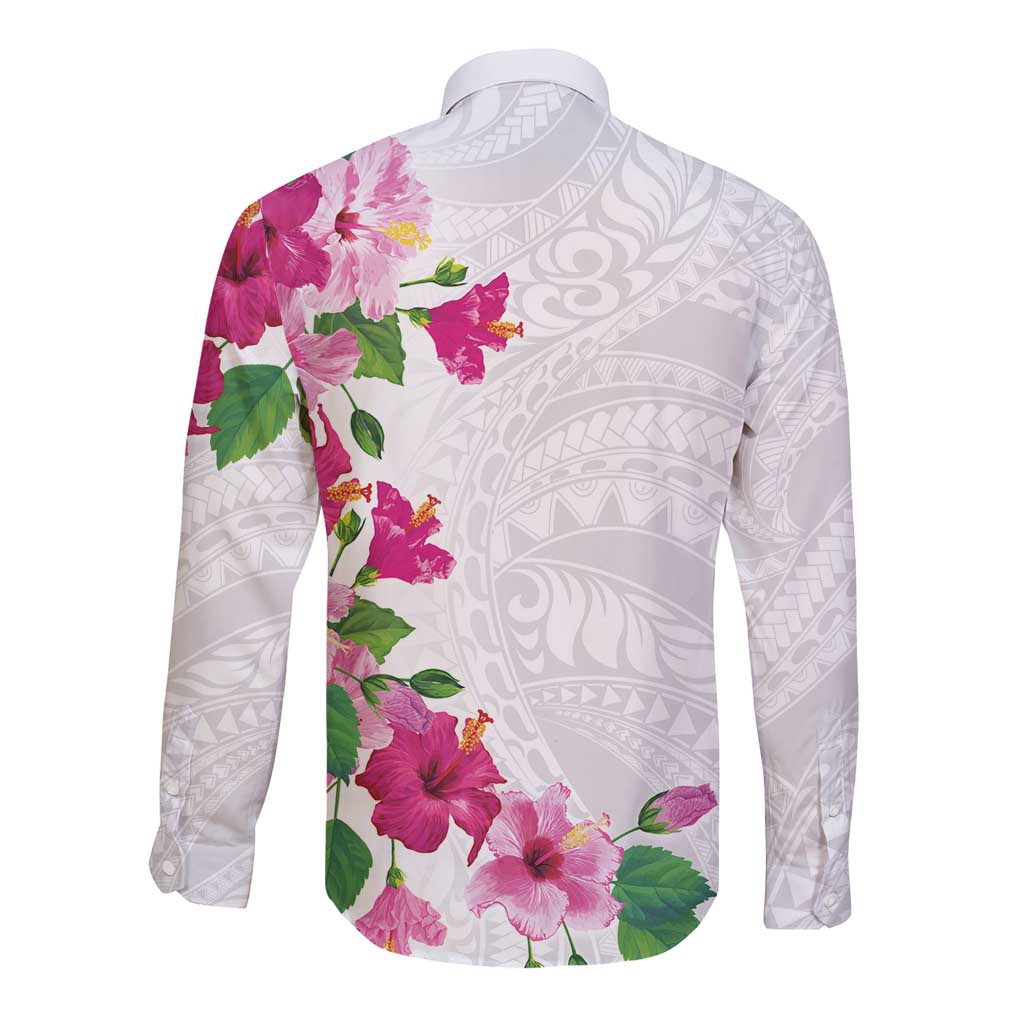 Hawaiian Hibiscus and Art Polynesian Tattoo Long Sleeve Button Shirt White Color LT03 - Polynesian Pride