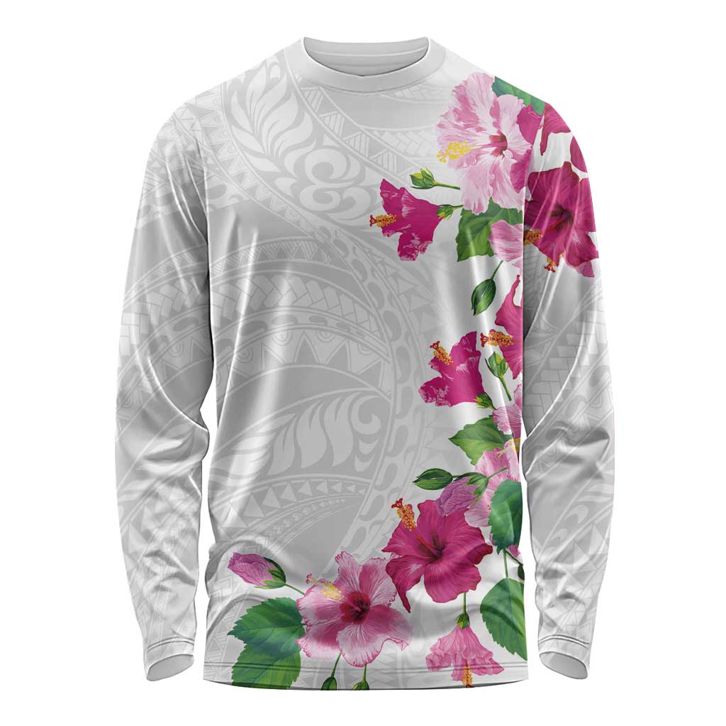 Hawaiian Hibiscus and Art Polynesian Tattoo Long Sleeve Shirt White Color LT03 Unisex White - Polynesian Pride