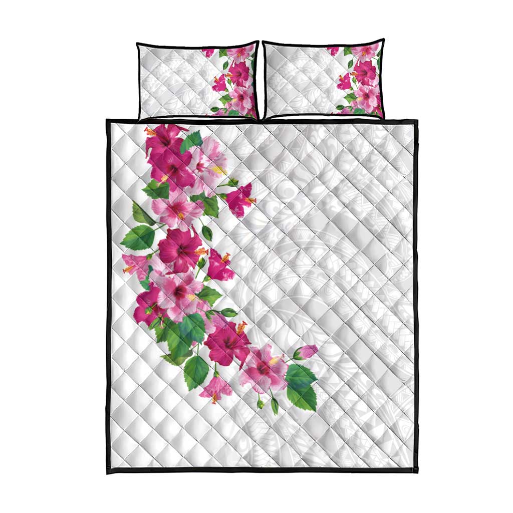 Hawaiian Hibiscus and Art Polynesian Tattoo Quilt Bed Set White Color