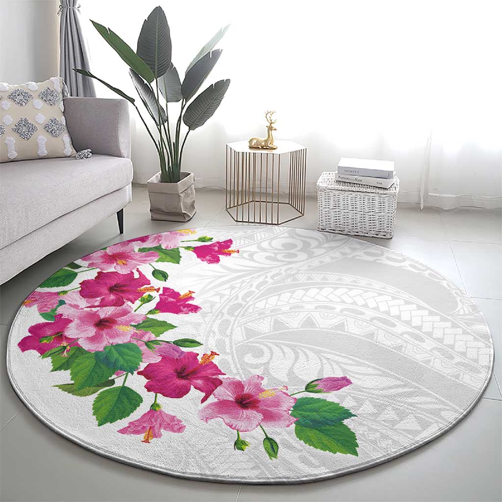 Hawaiian Hibiscus and Art Polynesian Tattoo Round Carpet White Color