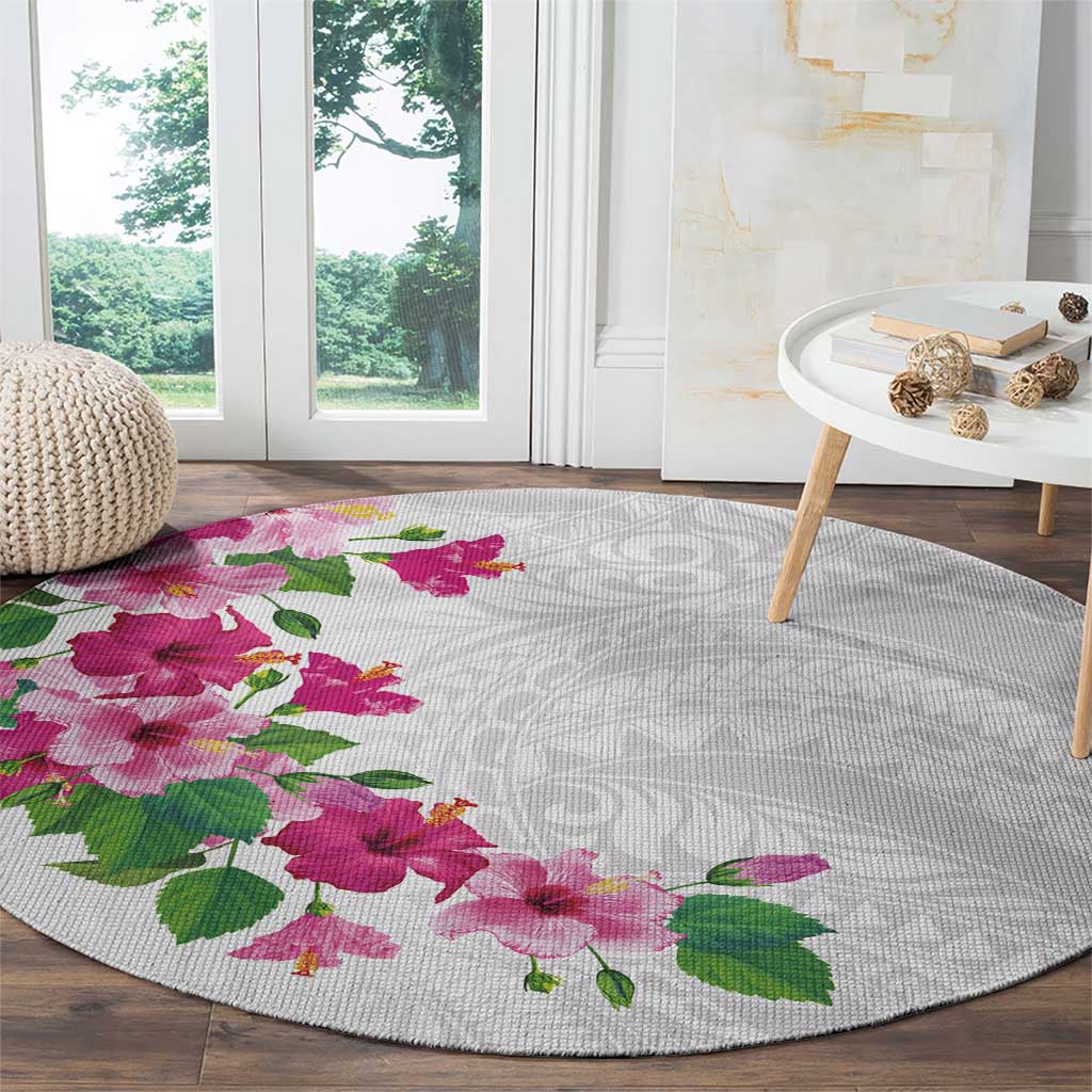 Hawaiian Hibiscus and Art Polynesian Tattoo Round Carpet White Color