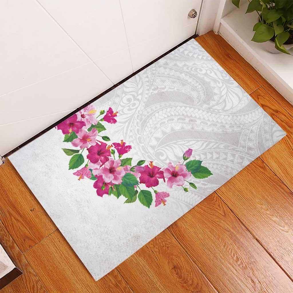 Hawaiian Hibiscus and Art Polynesian Tattoo Rubber Doormat White Color LT03 - Polynesian Pride