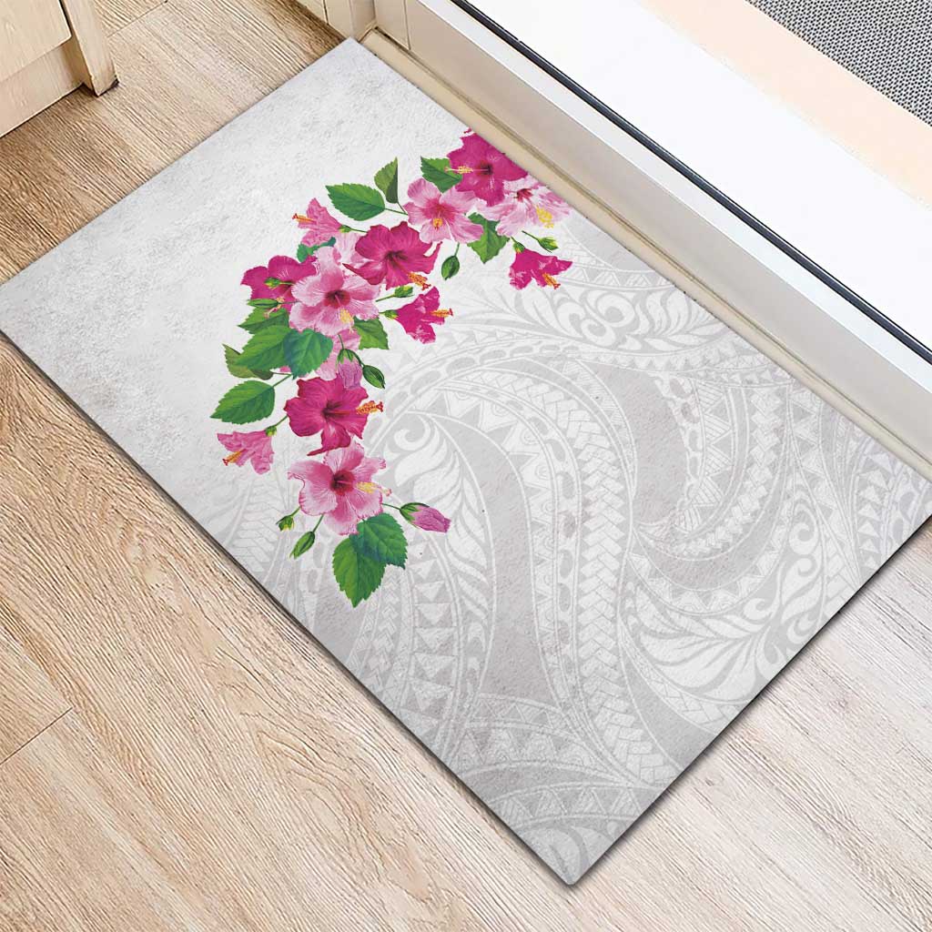 Hawaiian Hibiscus and Art Polynesian Tattoo Rubber Doormat White Color LT03 - Polynesian Pride