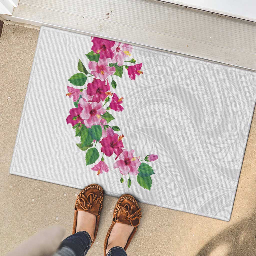 Hawaiian Hibiscus and Art Polynesian Tattoo Rubber Doormat White Color LT03 - Polynesian Pride