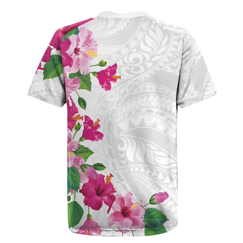 Hawaiian Hibiscus and Art Polynesian Tattoo Rugby Jersey White Color