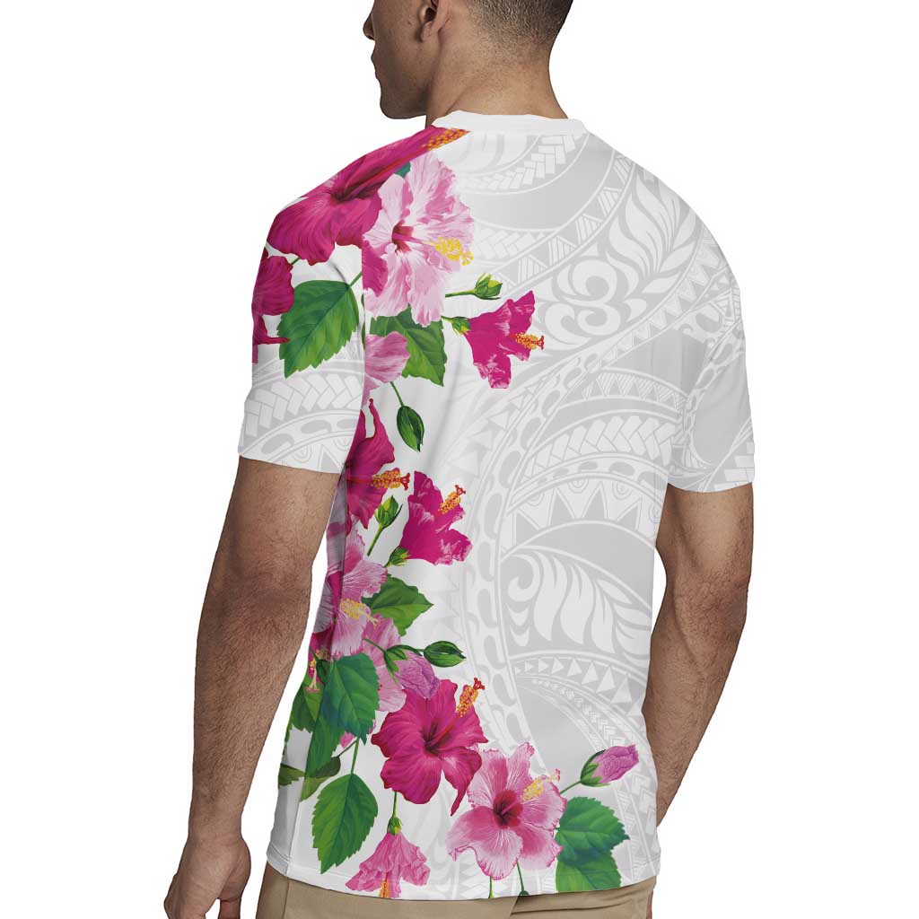 Hawaiian Hibiscus and Art Polynesian Tattoo Rugby Jersey White Color