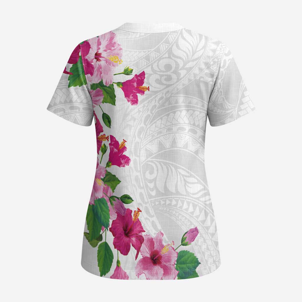 Hawaiian Hibiscus and Art Polynesian Tattoo Scrub Top White Color - Polynesian Pride