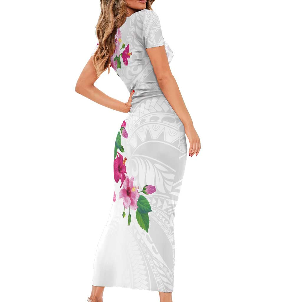 Hawaiian Hibiscus and Art Polynesian Tattoo Short Sleeve Bodycon Dress White Color
